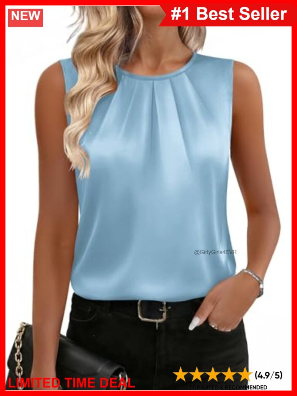 Satin Tank Top Pleated Crew Neck Sleeveless Business Casual Blouse
